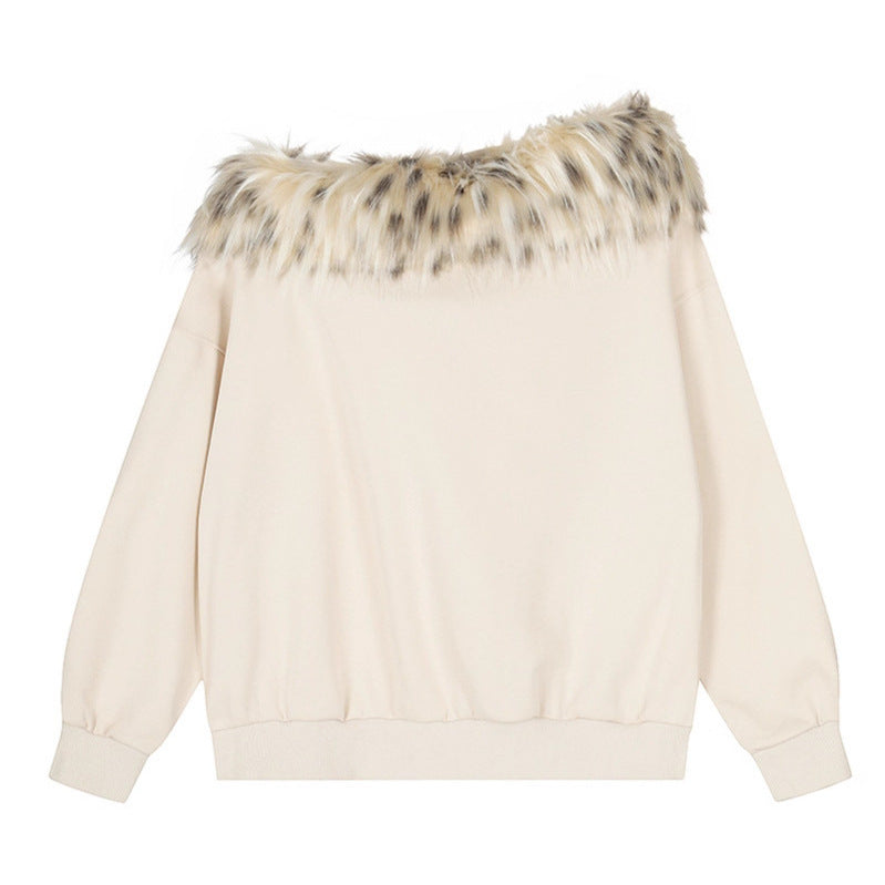 Woman wearing Faux Fur Collar Asymmetrical Crop Top in an urban setting