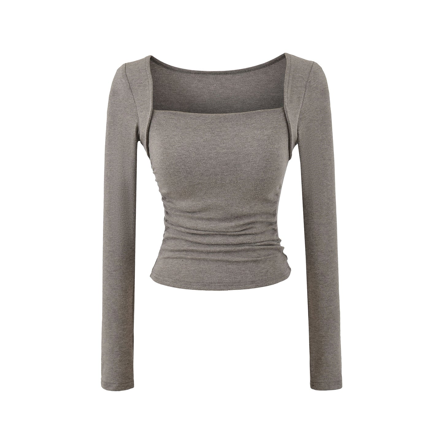 Woman wearing Square Neck Pleated Long Sleeve T-Shirt in a stylish urban setting