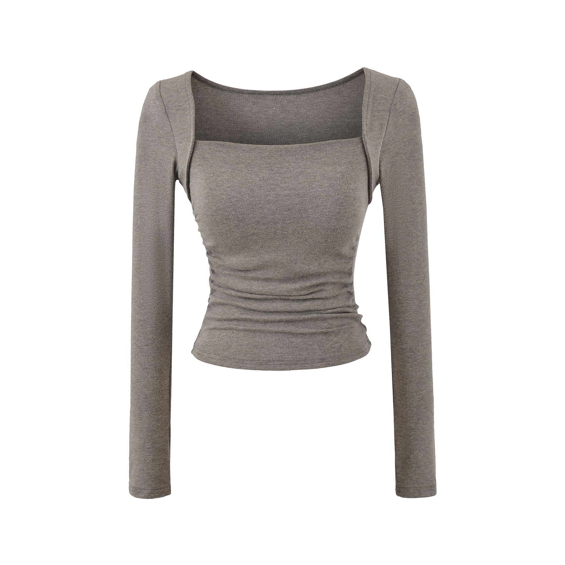 Woman wearing Square Neck Pleated Long Sleeve T-Shirt in a stylish urban setting