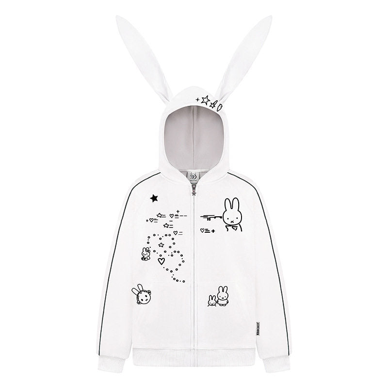 Woman wearing Embroidery Long Ear Hooded Zip-Up Hoodie in casual street setting