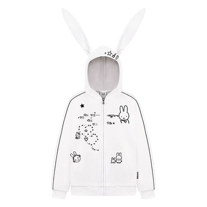 Woman wearing Embroidery Long Ear Hooded Zip-Up Hoodie in casual street setting