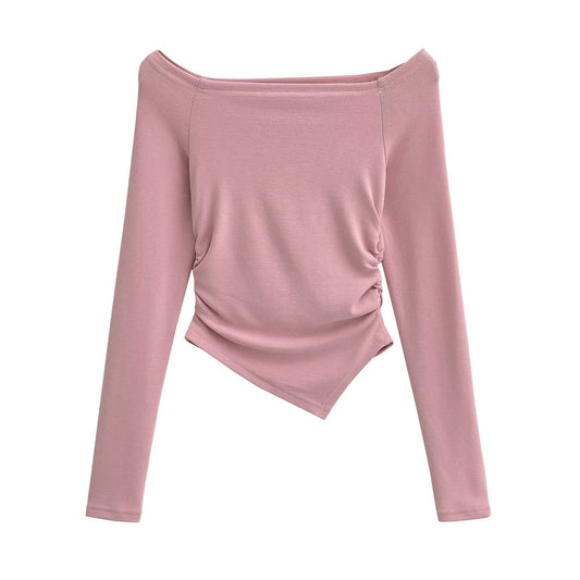 Woman wearing Square Neck Pleated Long Sleeve Pullover in a casual setting