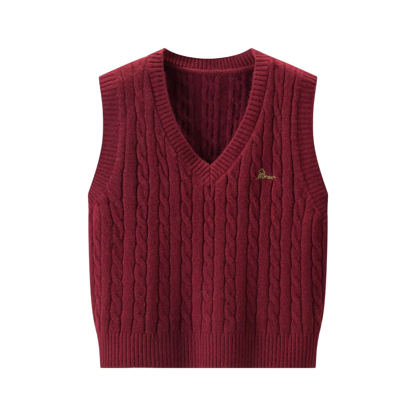 Woman wearing V-Neck Cable Knit Sleeveless Vest in a cozy setting