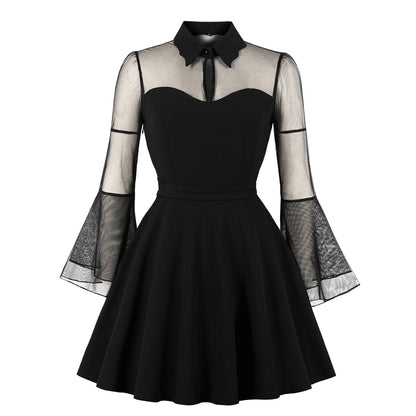 Woman wearing Gothic Mesh Patchwork Flare Sleeve Dress in a party setting