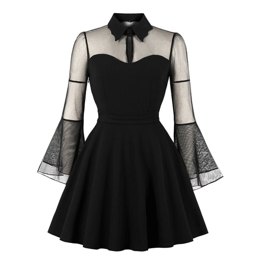 Woman wearing Gothic Mesh Patchwork Flare Sleeve Dress in a party setting