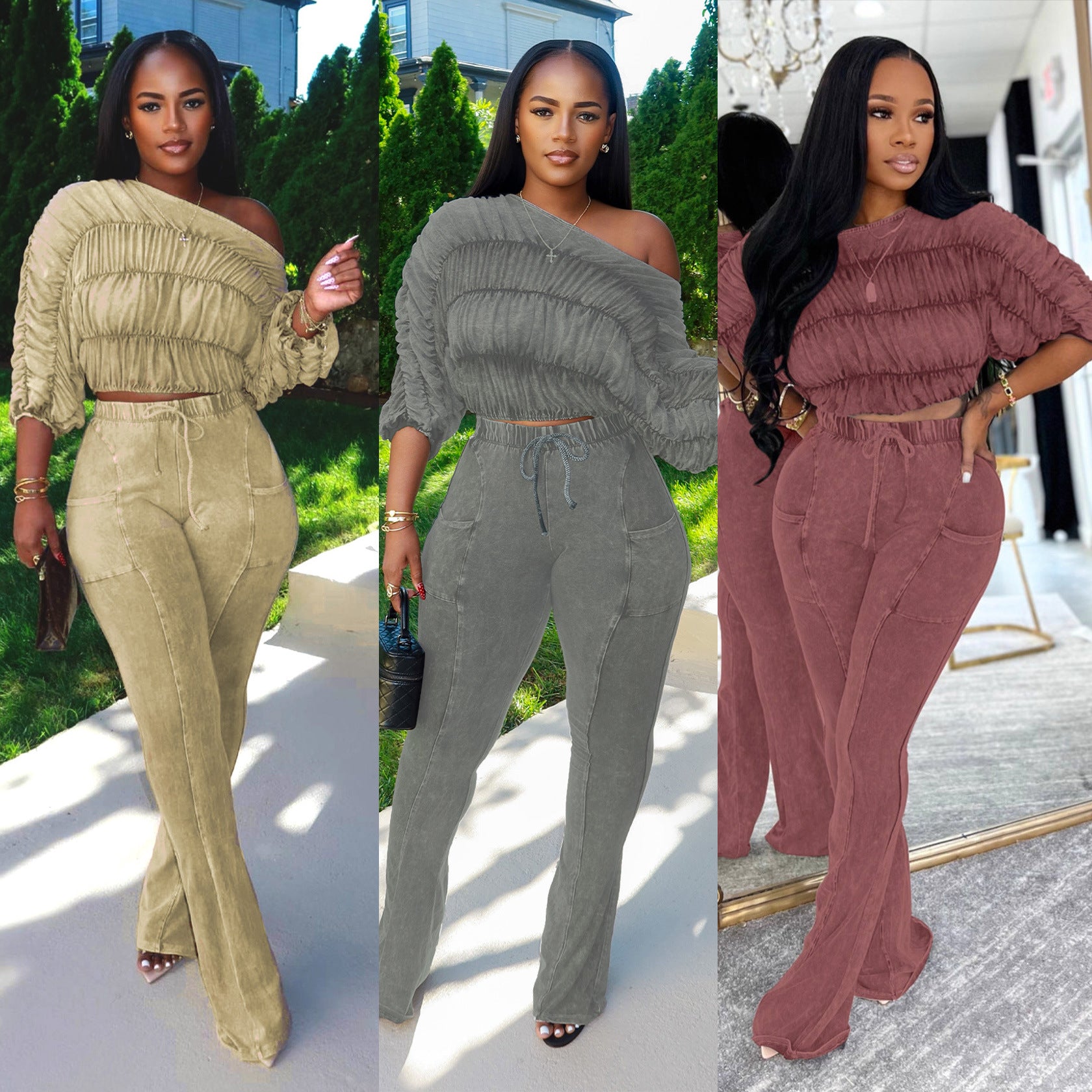 Woman wearing Flattering Two Piece Set with Crop Top and Flared Pants in a stylish urban setting