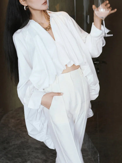 Elegant White Lapel Blouse for Women | Tajstylo