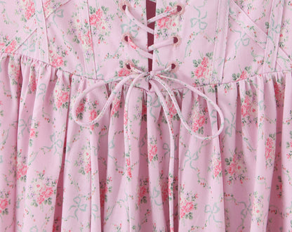 Lace Trimmed Printed Waist-Cinched Midi Dress | Tajstylo
