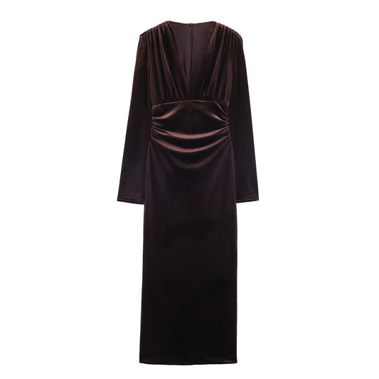 Woman wearing Wrinkled Velvet Midi Dress in a stylish setting