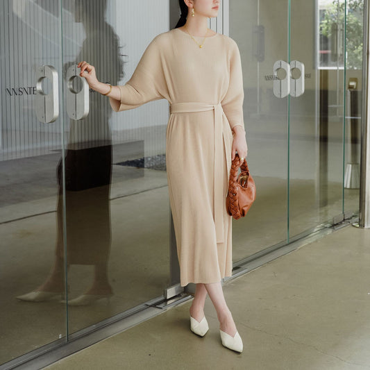 Pleated Belted A-Line Dress | Tajstylo