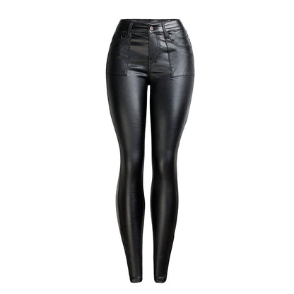 Woman wearing Black PU Leather Warm Fleece Pants in a city setting
