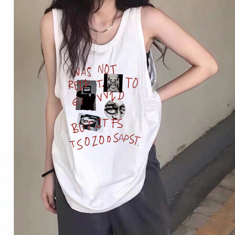 Woman wearing Printed Sleeveless Vest for women in a casual setting