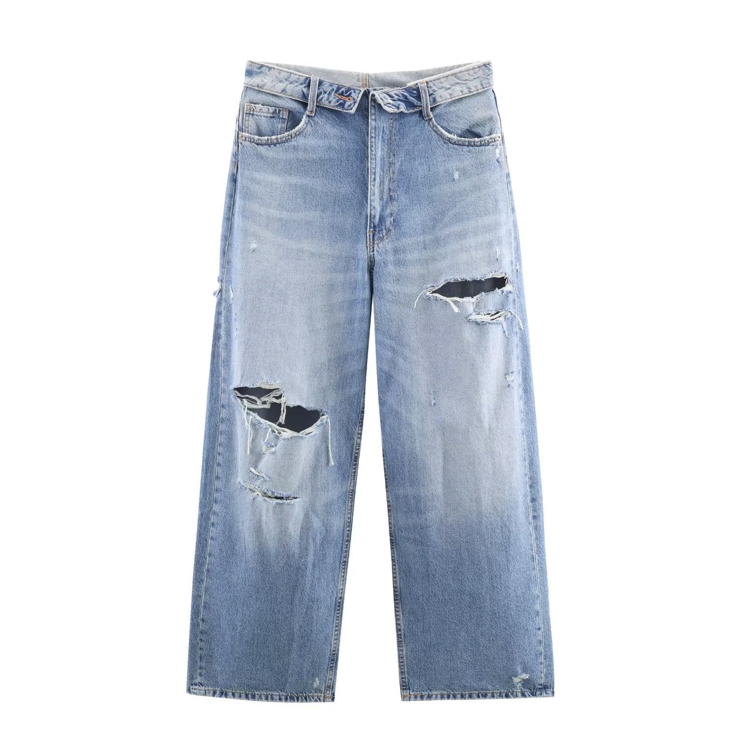 Mid Waist Ripped Straight Leg Jeans | Tajstylo