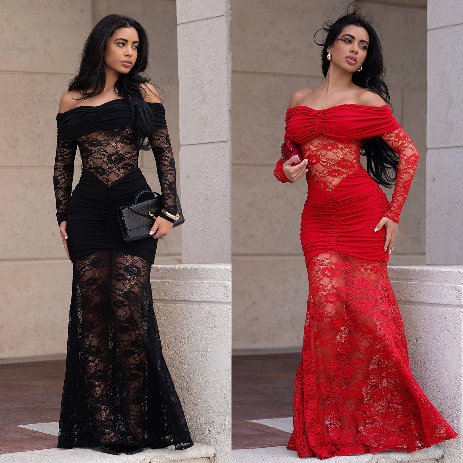 Woman wearing One-Shoulder Lace Bodycon Dress in an elegant setting