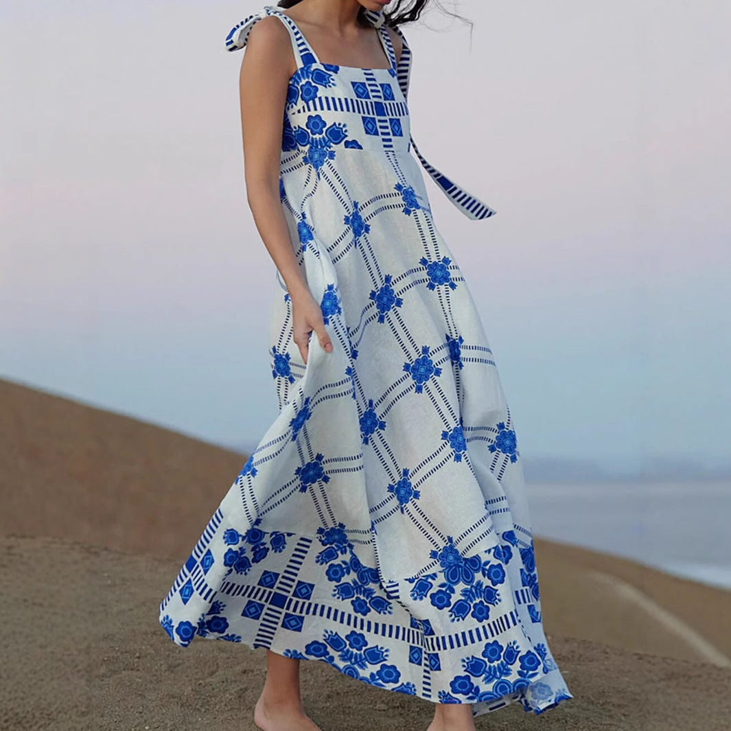 Woman wearing Lace Splice Strap Midi Dress in a sunny outdoor setting