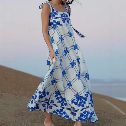 Woman wearing Lace Splice Strap Midi Dress in a sunny outdoor setting