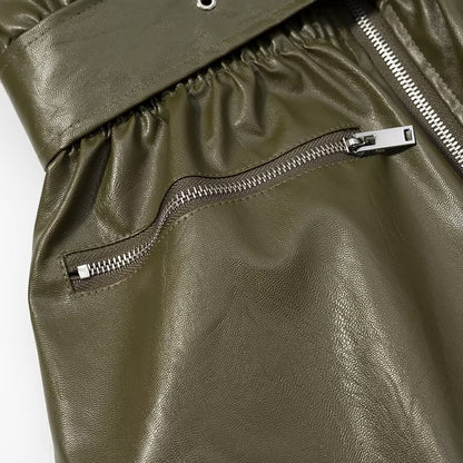 Street Elastic Waistband Faux Leather Jacket | Tajstylo