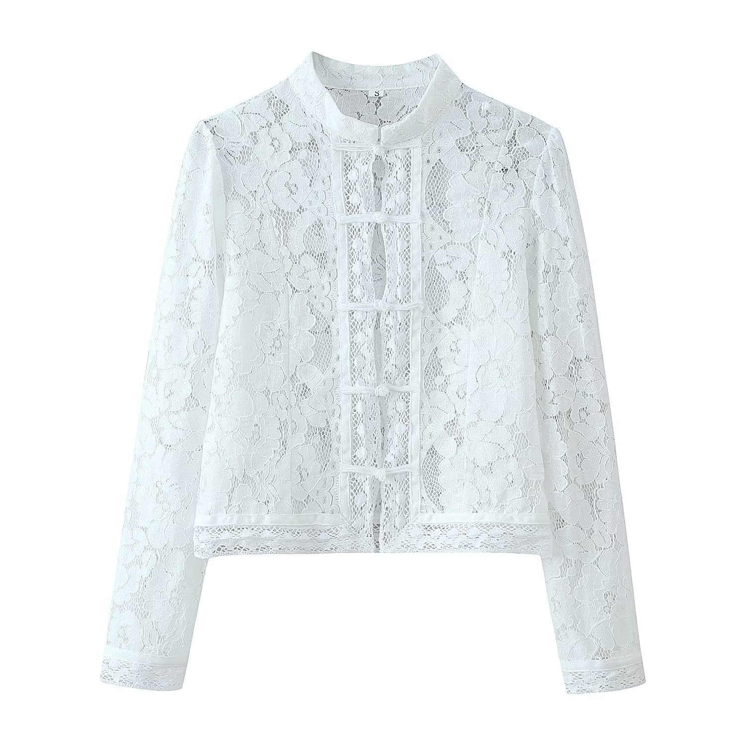Woman wearing Buckle Embellished Lace Crochet Stand Collar Slim Fit Shirt in a stylish setting