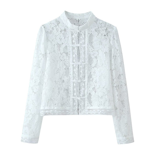 Woman wearing Buckle Embellished Lace Crochet Stand Collar Slim Fit Shirt in a stylish setting