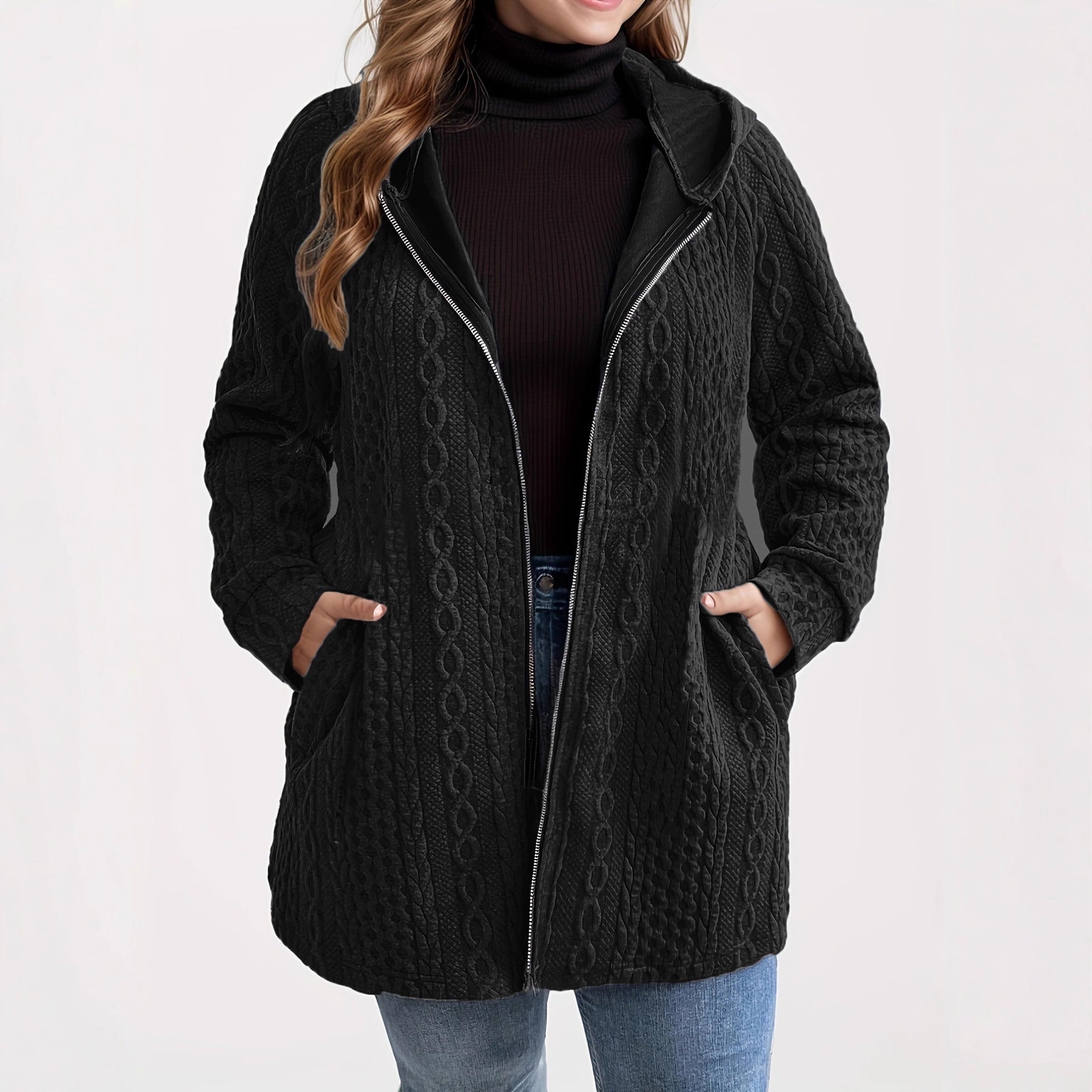 Woman wearing Solid Color Loose Zip Hoodie in a casual setting