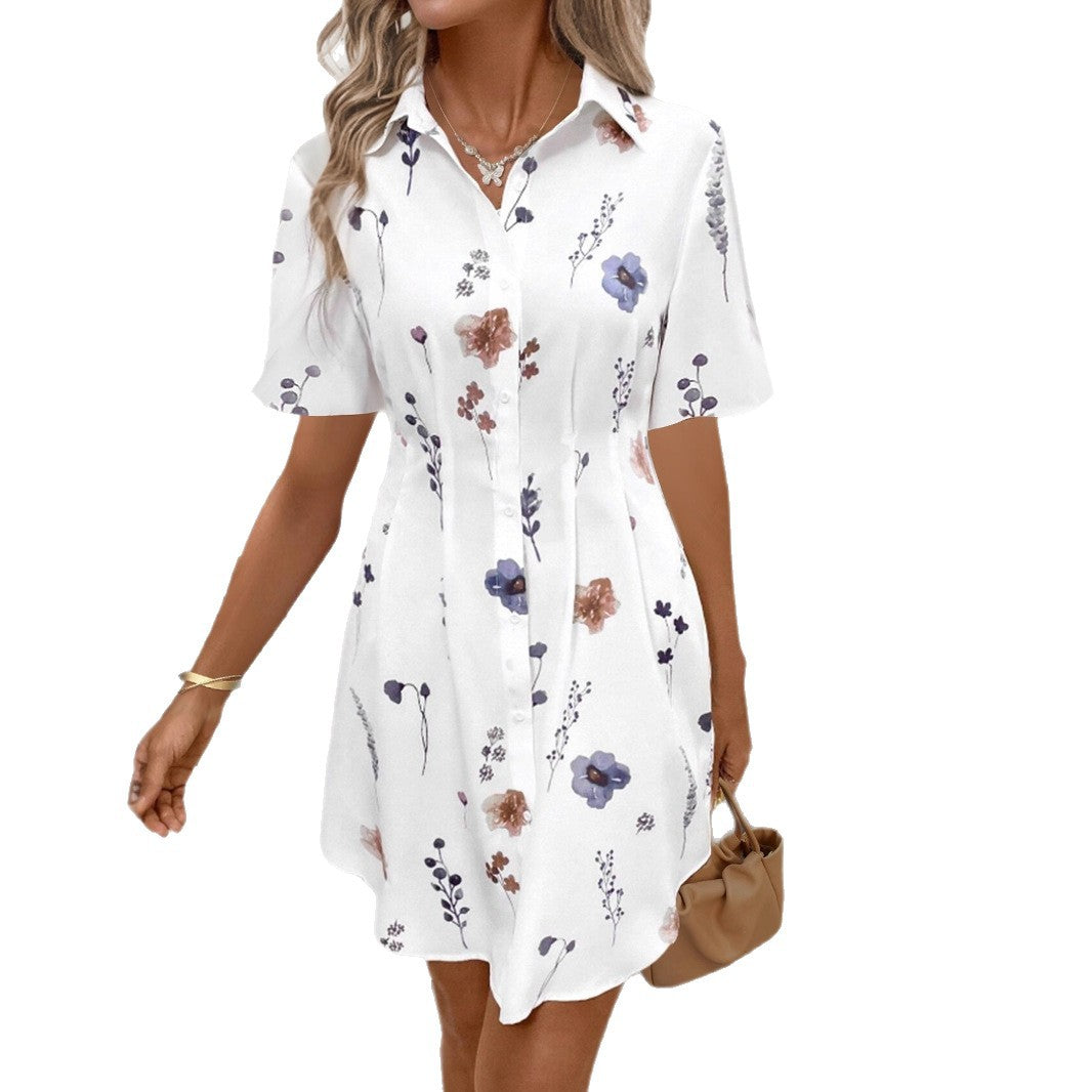 Woman wearing Printed Blouse Dress in a sunny outdoor setting