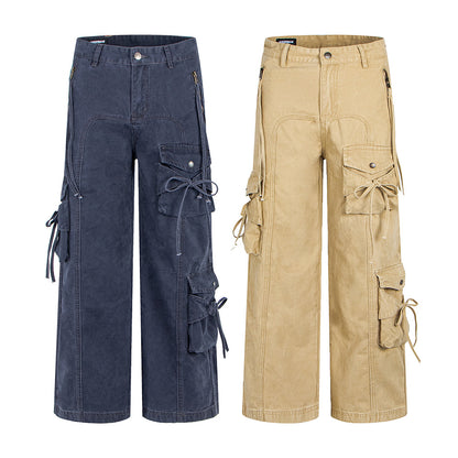 Woman wearing Spicy Girl Multi Pocket Bow Drawstring Cargo Flared Jeans in a casual setting