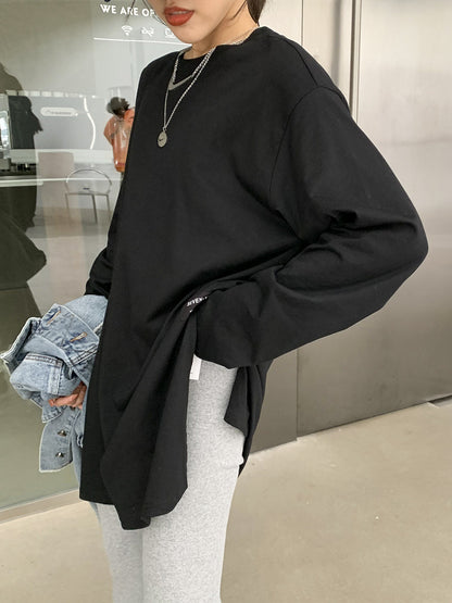 Solid Color Side Slit Long Sleeve T-Shirt | Tajstylo