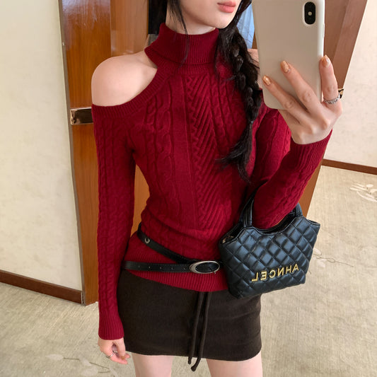 Woman wearing High Neck Off-Shoulder Sweater in a stylish urban setting