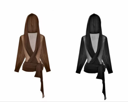 Solid Sheer Mesh Slimming Hooded Shirt | Tajstylo