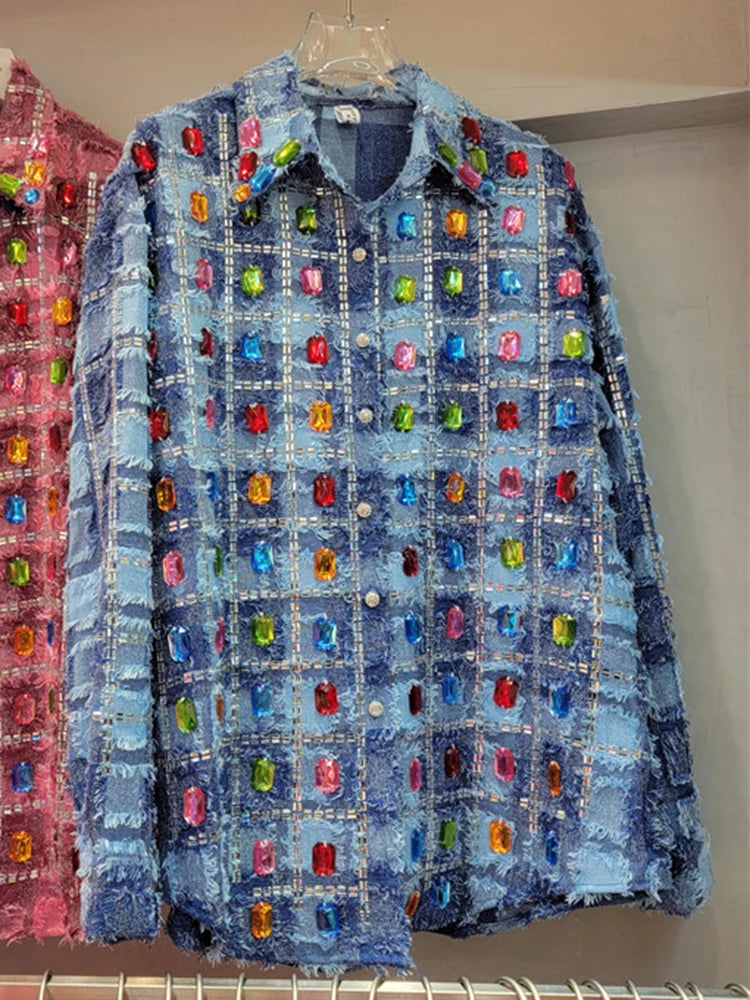 Woman wearing Colorful Studded Tassel Blouse in a casual setting