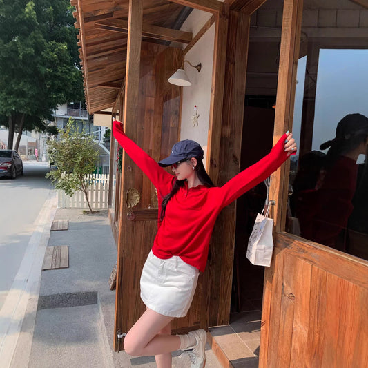 Woman wearing Chic Slim-Fitting Long Sleeve Knit Sweater in a casual setting
