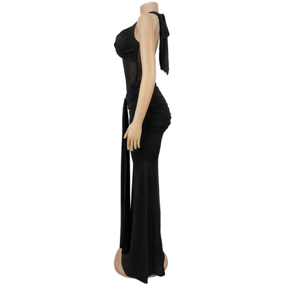 Sheer Mesh Halter Tie-Back Bodycon Dress | Tajstylo