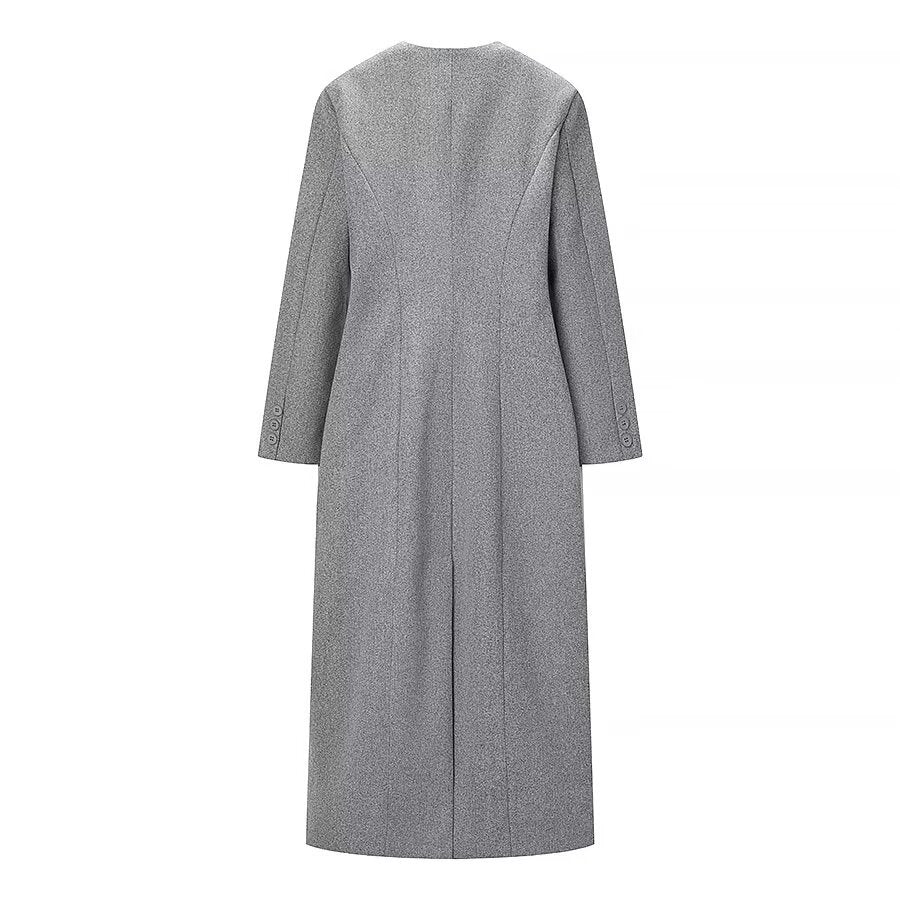 Commuting Style Elegant Long Grey Coat With Multi Button Closure For City Life And Durable Polyester Warmth