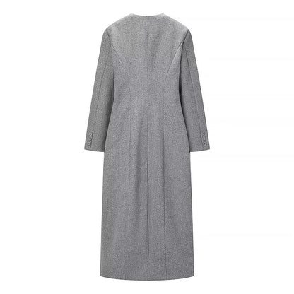 Commuting Style Elegant Long Grey Coat With Multi Button Closure For City Life And Durable Polyester Warmth