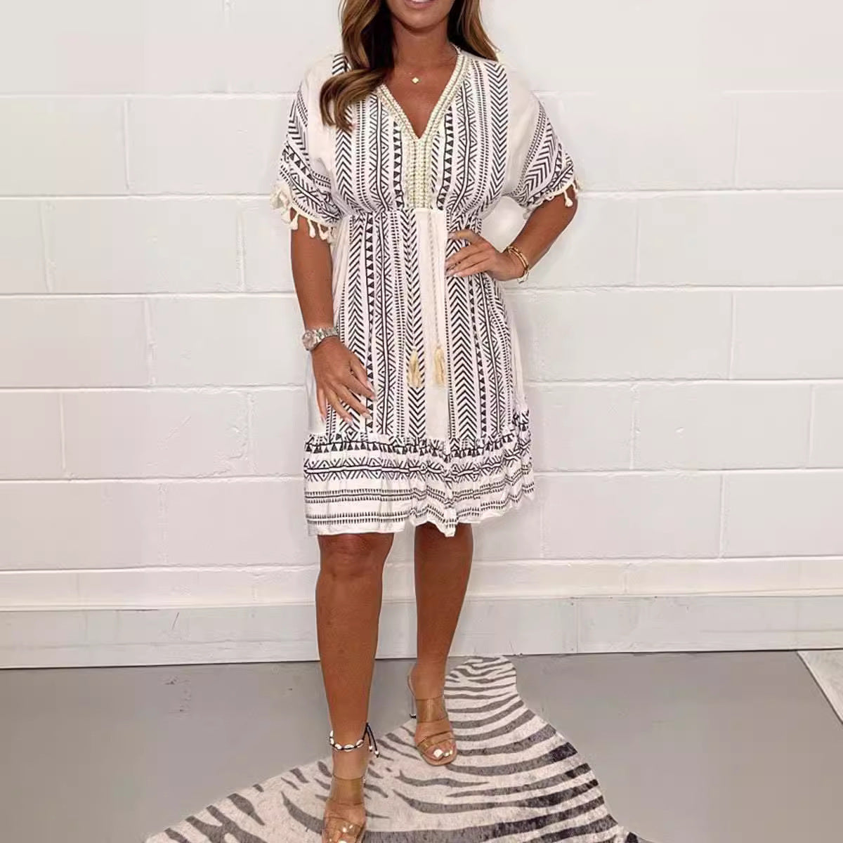 Printed Lace Trim V Neck Short Sleeve Dress | Tajstylo