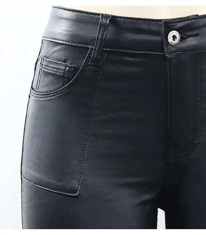 Black PU Leather Warm Fleece Pants | Tajstylo