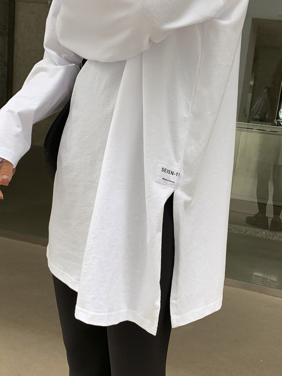 Solid Color Side Slit Long Sleeve T-Shirt | Tajstylo
