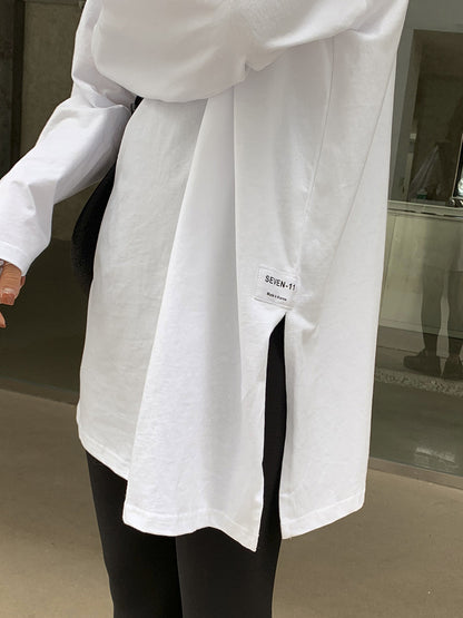 Solid Color Side Slit Long Sleeve T-Shirt | Tajstylo