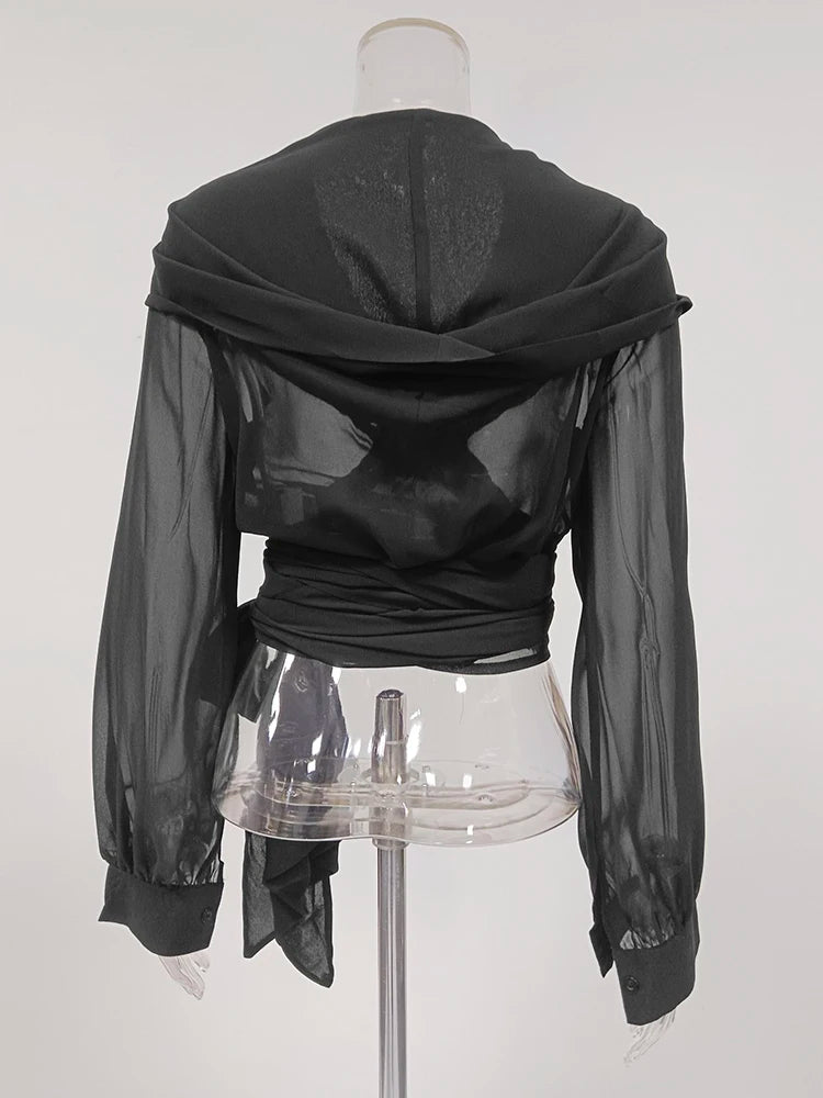 Solid Sheer Mesh Slimming Hooded Shirt | Tajstylo