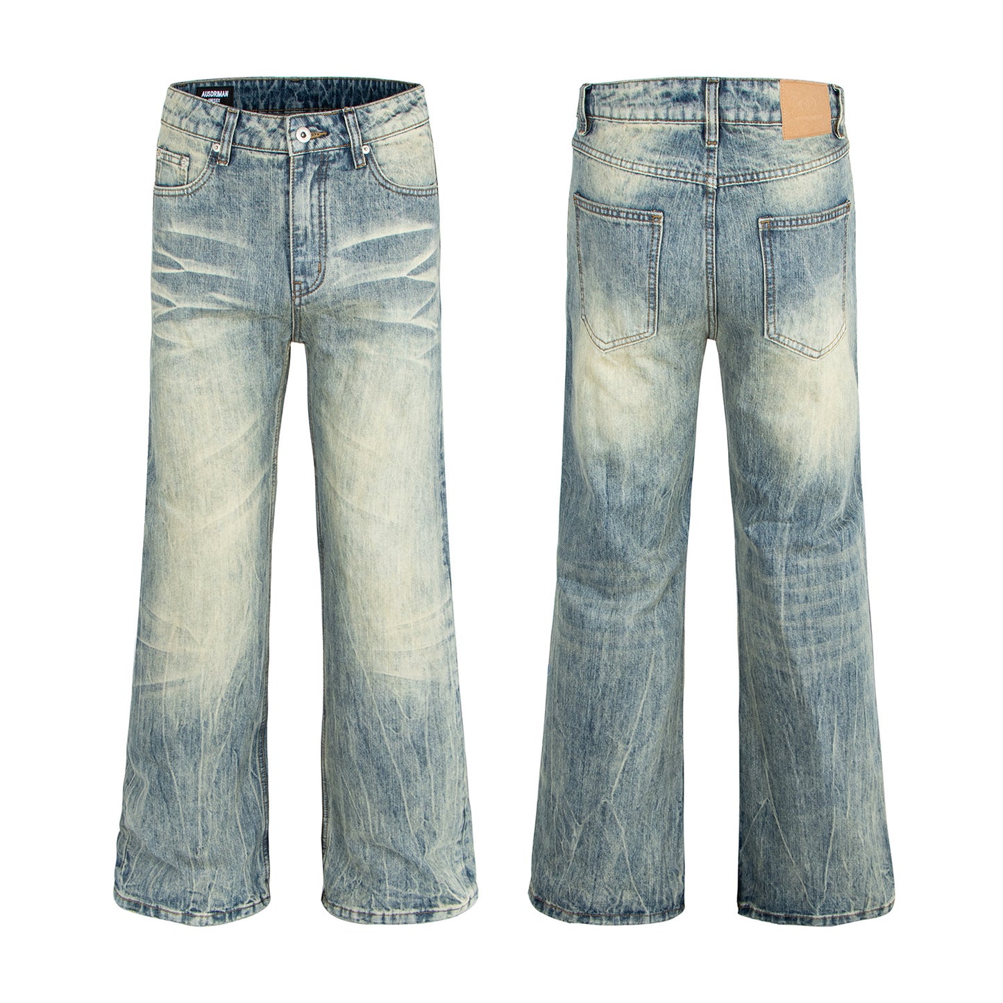 Woman wearing Washed Vintage Catwhisker Denim Pants in urban setting