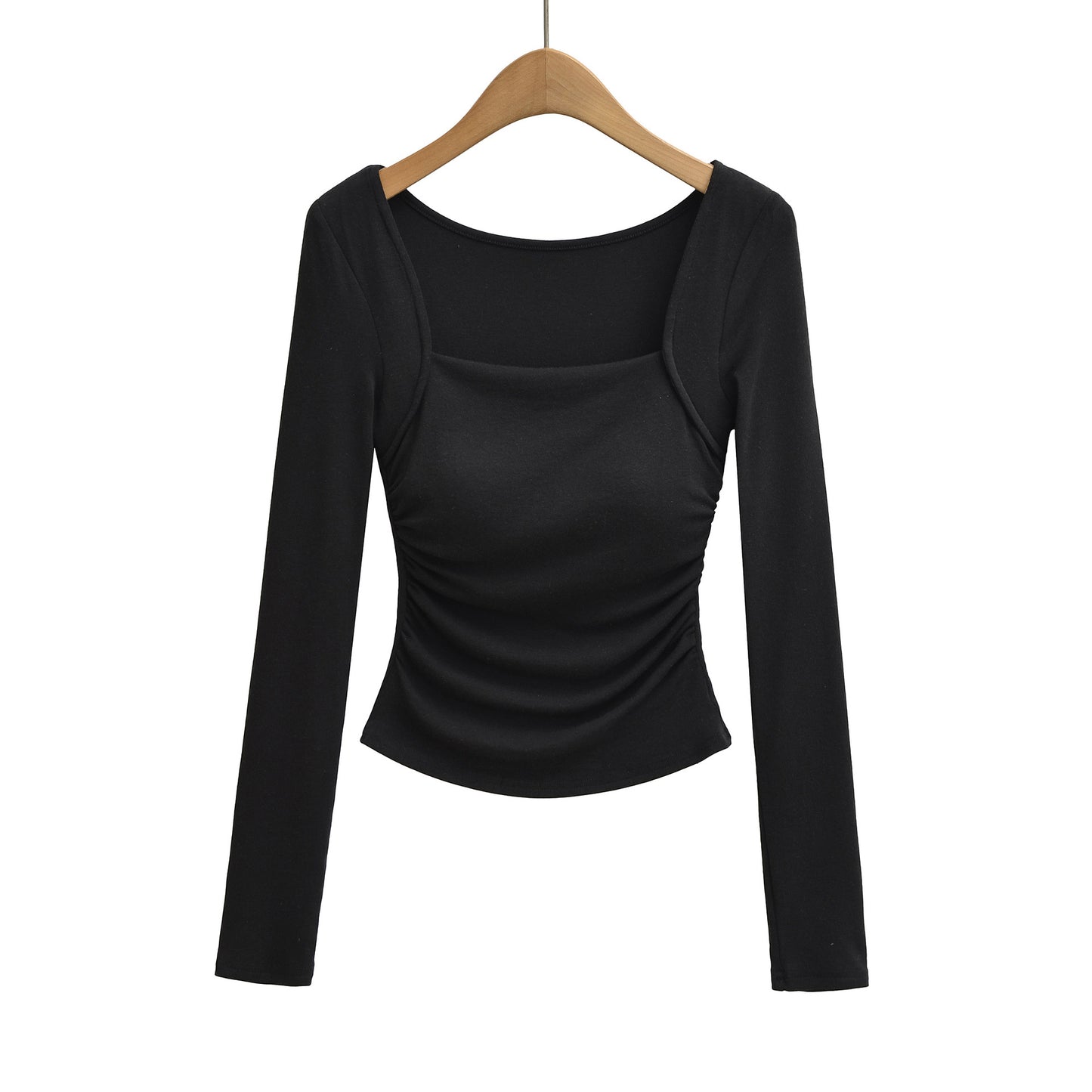 Square Neck Pleated Long Sleeve T-Shirt | Tajstylo