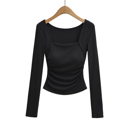 Square Neck Pleated Long Sleeve T-Shirt | Tajstylo