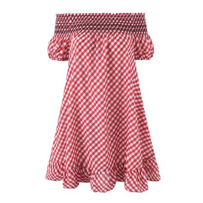 One-Shoulder Red Plaid Midi Dress | Tajstylo