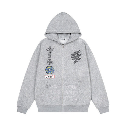 Woman wearing Embroidered Hooded Zip-Up Sweatshirt Jacket in casual setting