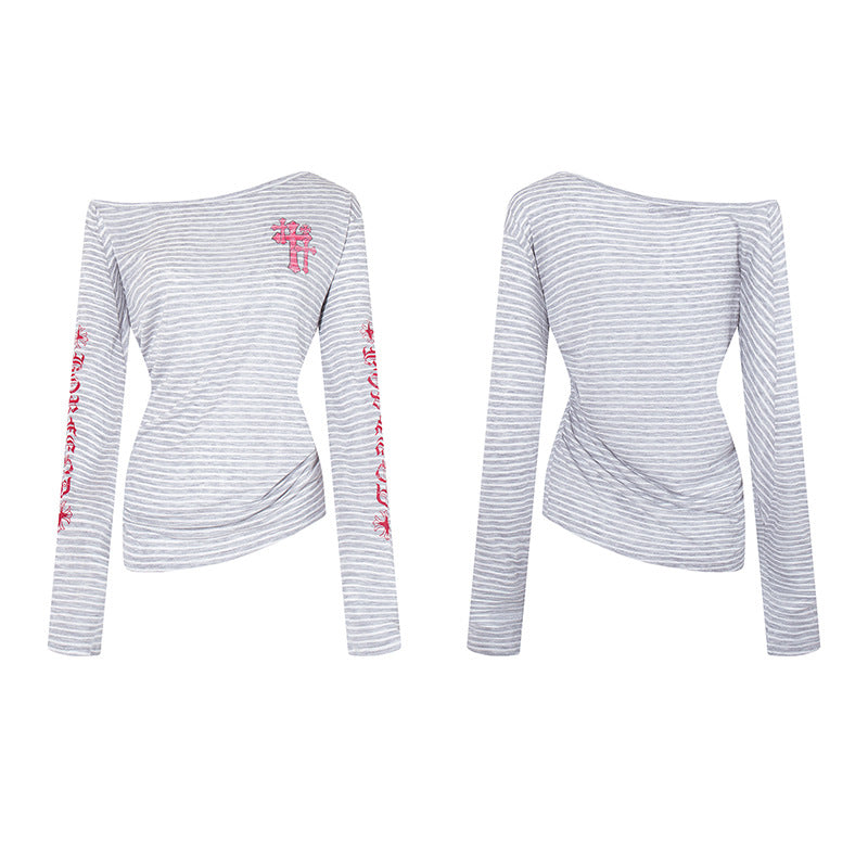Stripe Graffiti Off Shoulder Long Sleeve Tee | Tajstylo