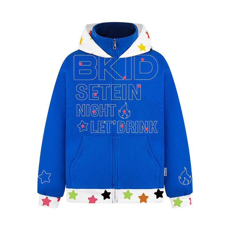 Woman wearing Patchwork Hooded Zip-Up Sweatshirt in a casual street setting