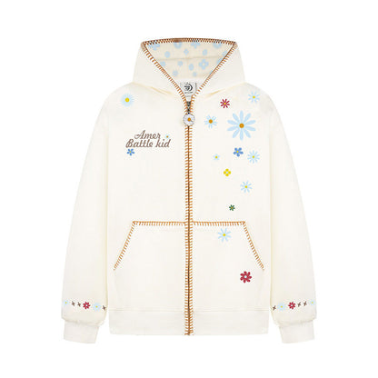 Woman wearing Floral Embroidery Hooded Sweatshirt in a casual setting