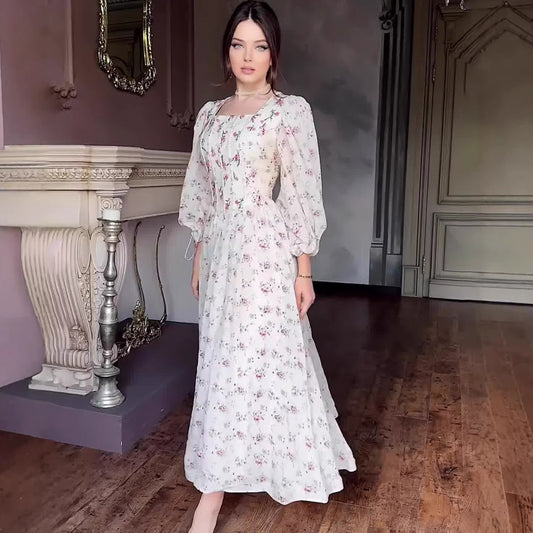 Floral Long Fitted Waist Belted Fairy Dress | Tajstylo