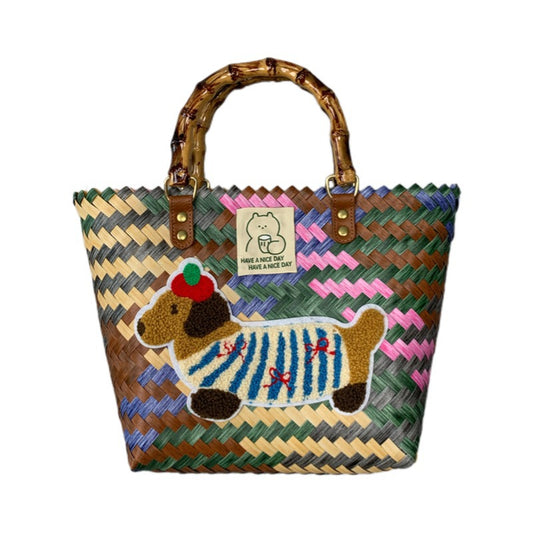 Women's Large Capacity Hand-Woven PVC Basket Tote Handbag — Novelty Dog Design – Front View | TajStylo
