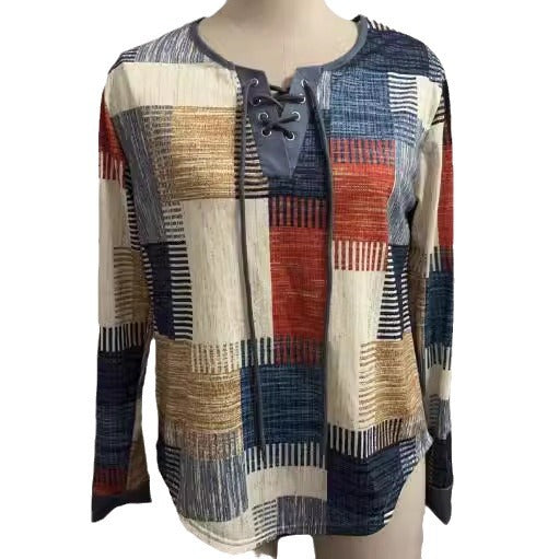 Woman wearing Dark Blue V-Neck Long Sleeve T-Shirt in a casual setting